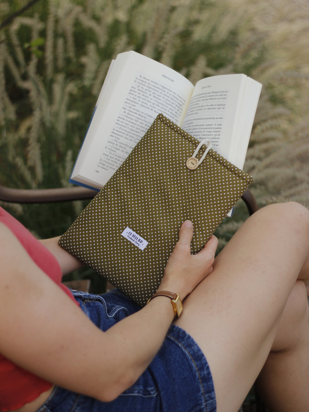 Pochette à livre petits pois kaki
